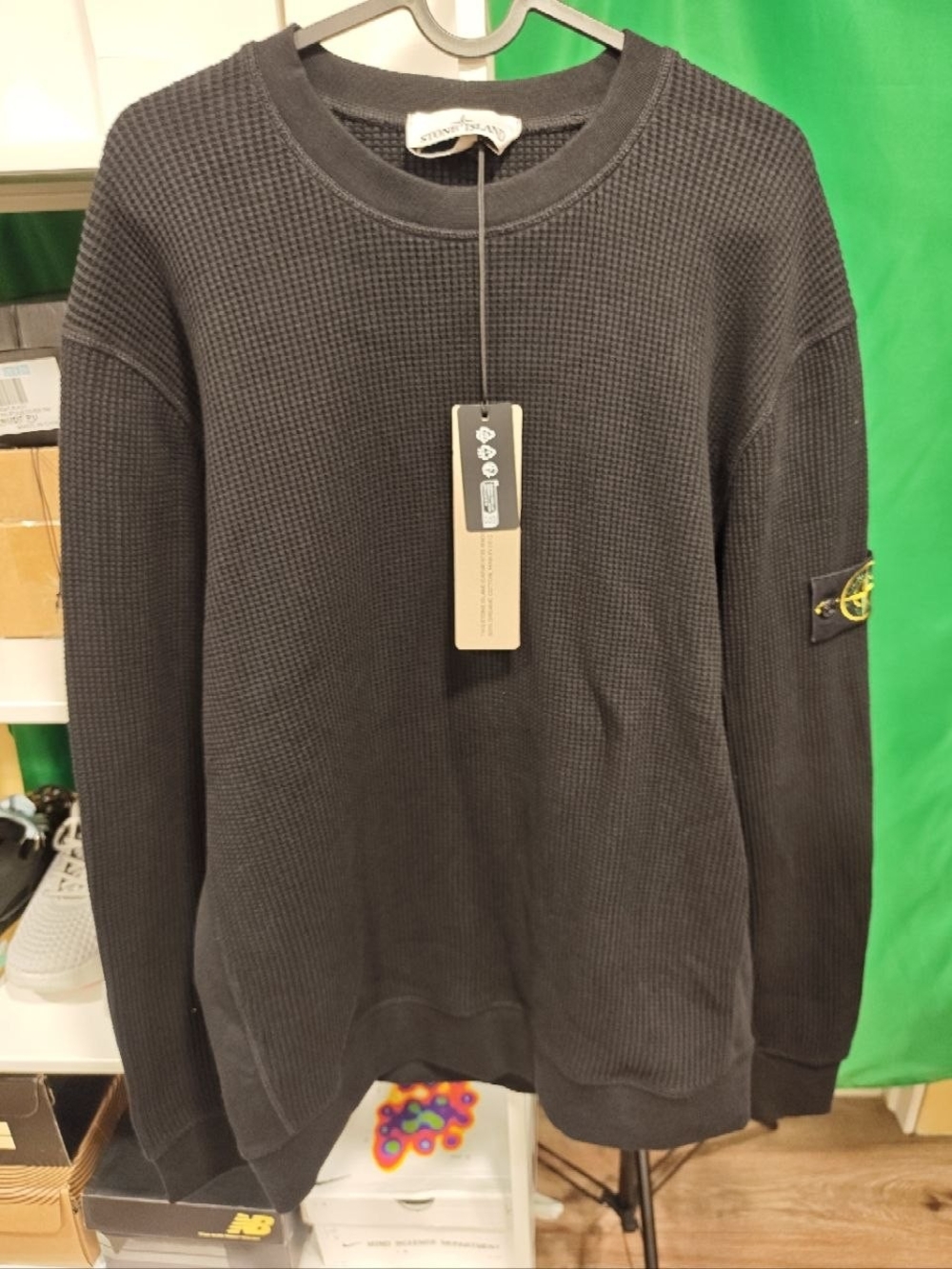 Stone Island Black Waffle-Knit Crewneck with Badge